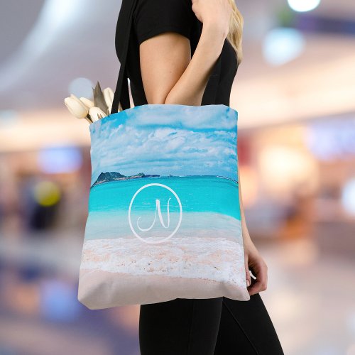 Hawaii turquoise ocean sandy beach photo monogram tote bag