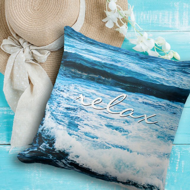 Hawaii Turquoise Ocean Waves Photo Relax Quote Throw Pillow (Creator Uploaded)