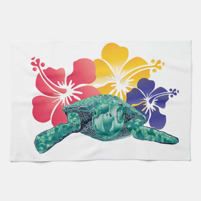 Hawaii Turtle and Hibiscus Flowers Kitchen Towel (Horizontal)