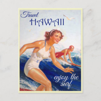 Hawaii US Woman Surf Vintage Travel Postcard
