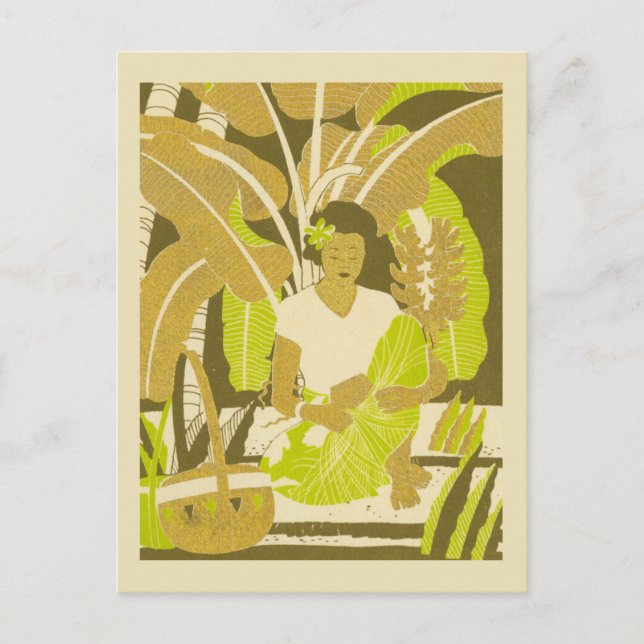 Hawaii vintage Art Woman with Leaves Postcard (Front)