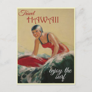Hawaii Vintage Surfer Woman Travel Postcard