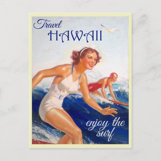 Hawaii Vintage Travel Poster Surfer Postcard (Front)
