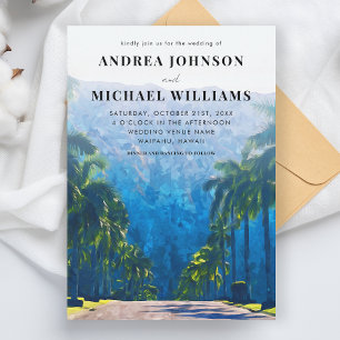 Hawaii Watercolor Beach Palm Destination Wedding Invitation