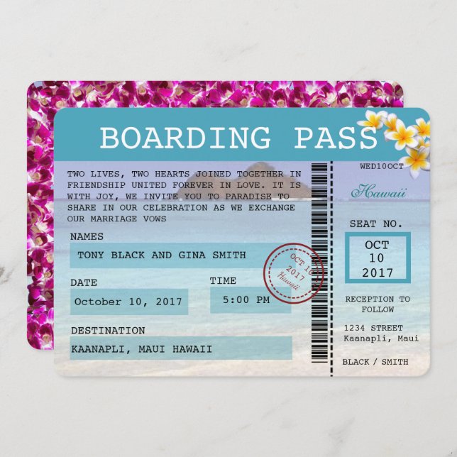 Hawaii Wedding Boarding Pass Invitation (Front/Back)