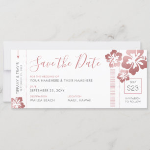 Hawaii Wedding Rose Gold Pink Boarding Pass Ticket Save The Date