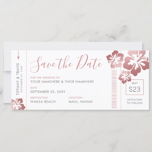 Hawaii Wedding Rose Gold Pink Boarding Pass Ticket Save The Date