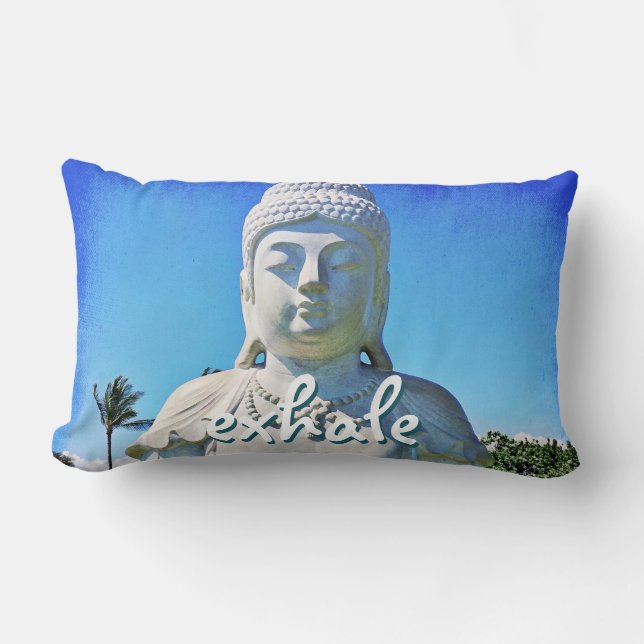 Hawaii White Buddha Photo Exhale Quote Bold Lumbar Pillow (Front)