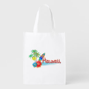 Hawaii with Palm Trees, Surf Board and Flowers Reusable Grocery Bag
