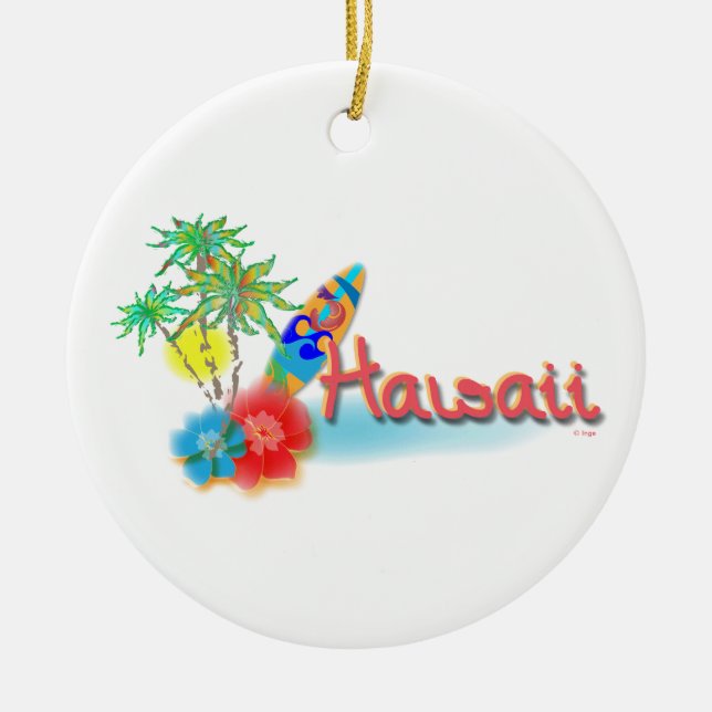 Hawaii with Palms, Flowers and Surfboard Ceramic Ornament (Front)