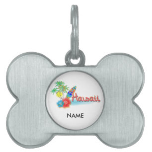 Hawaii with Palms, Flowers and Surfboard Pet Name Tag