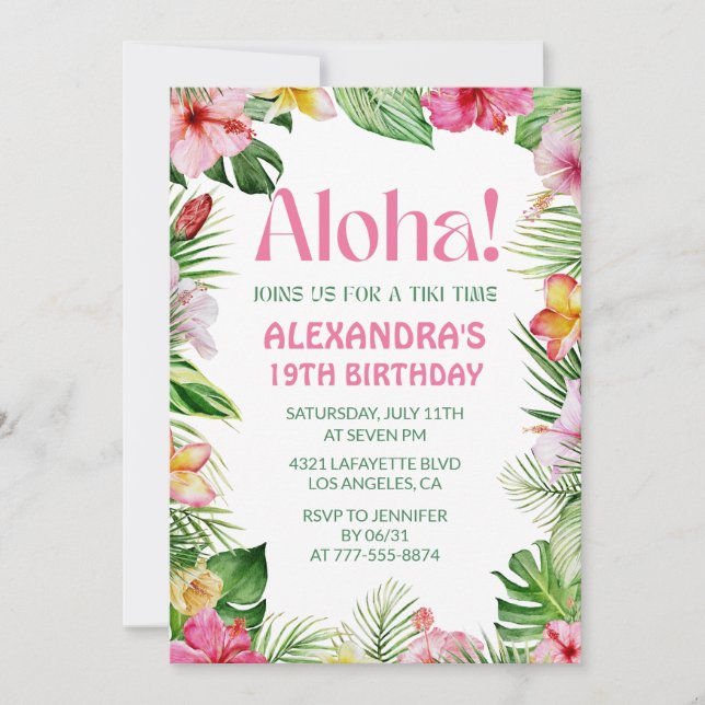 Hawaiian 19th birthday invitation Tropical Floral (Front)