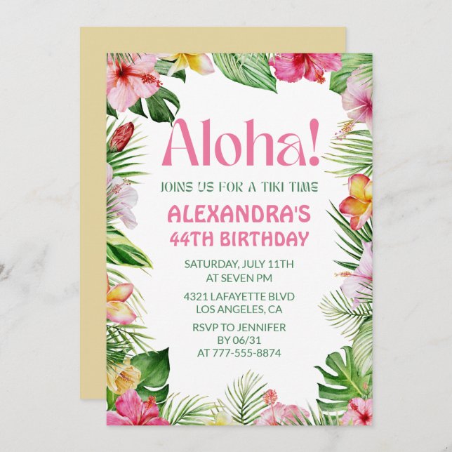 Hawaiian 44th birthday invitation Tropical Floral (Front/Back)