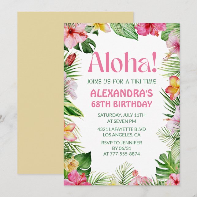 Hawaiian 68th birthday invitation Tropical Floral (Front/Back)