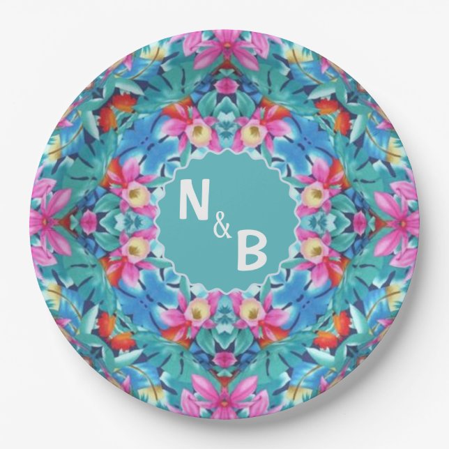 Hawaiian Abstract Monogram Couple Classic Round  Paper Plates (Front)