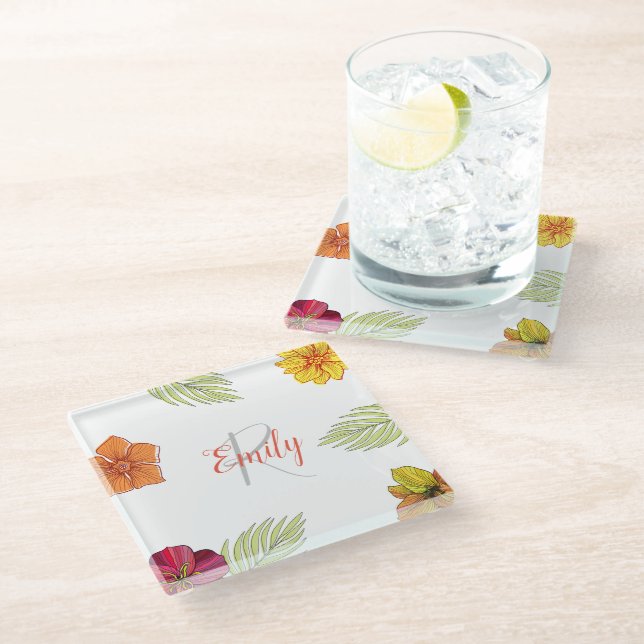 Hawaiian Aloha Floral  Glass Coaster (Angled)