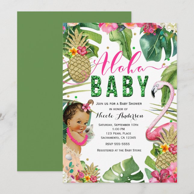 Hawaiian Aloha Tropical Baby Girl Vintage Shower Invitation (Front/Back)