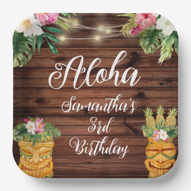 Hawaiian Aloha Tropical Birthday Luau Party Paper Plates (Front)