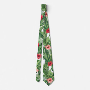 Hawaiian Aloha Wear Tropical Flower Leaf Green Red Neck Tie