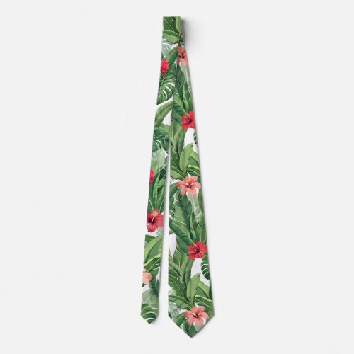 Hawaiian Aloha Wear Tropical Flower Leaf Green Red Neck Tie