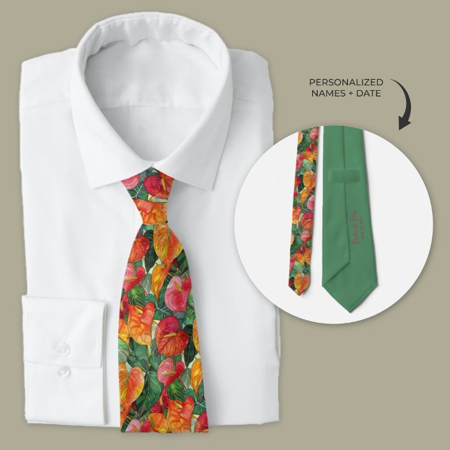 Hawaiian Anthurium Flowers Personalized Neck Tie (Tropical Hawaiian Anthurium flower wedding necktie.)