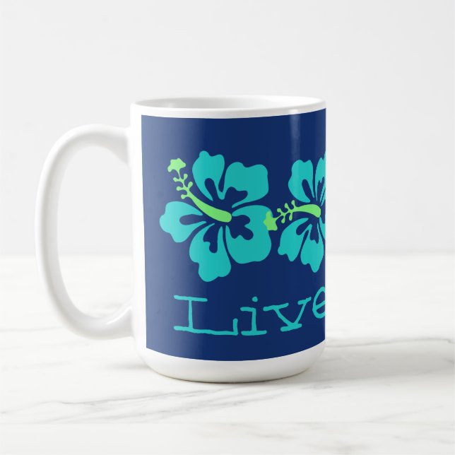Hawaiian Aqua Hibiscus "Live Pono" Surfer Retro Coffee Mug (Left)