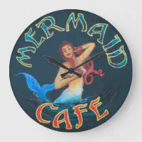 Hawaiian Art by C. Cabral: Mermaid Cafe Sign Large Clock