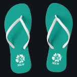 Hawaiian beach flower monogram wedding flip flops<br><div class="desc">Personalized Hawaiian beach flower monogram wedding flip flops for bride and groom or guests. Elegant party favor set with custom last name or monogram and tropical Hibiscus floral. Custom background and strap color for him and her / men and women. Romantic aqua turquoise blue and white his and hers wedge...</div>
