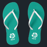 Hawaiian beach flower monogram wedding flip flops<br><div class="desc">Personalized Hawaiian beach flower monogram wedding flip flops for bride and groom or guests. Elegant party favor set with custom last name or monogram and tropical Hibiscus floral. Custom background and strap color for him and her / men and women. Romantic aqua turquoise blue and white his and hers wedge...</div>