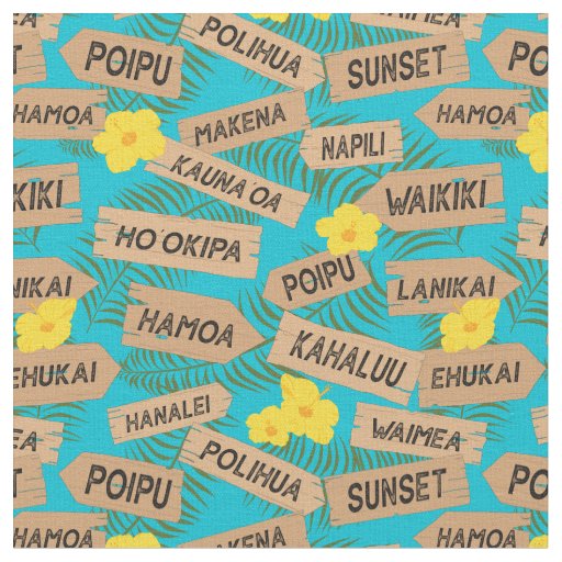 Hawaiian Beach Names on Bright Blue Fabric