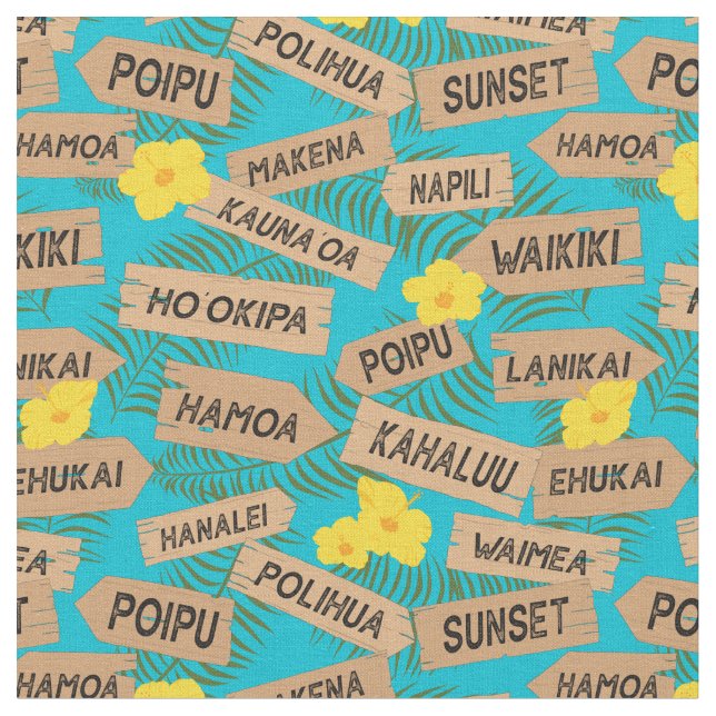 Hawaiian Beach Names on Bright Blue Fabric (Close Up)