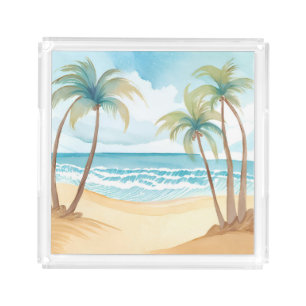 Hawaiian Beach Palm Tree Tropical Watercolor Acrylic Tray