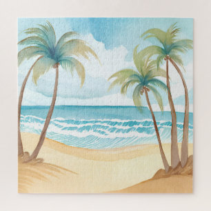 Hawaiian Beach   Palm Tree Tropical Watercolor Jigsaw Puzzle