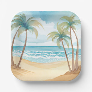 Hawaiian Beach   Palm Tree Tropical Watercolor Paper Plates
