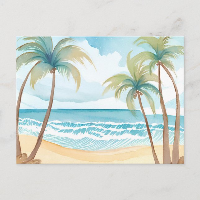 Hawaiian Beach | Palm Tree Tropical Watercolor Postcard (Front)