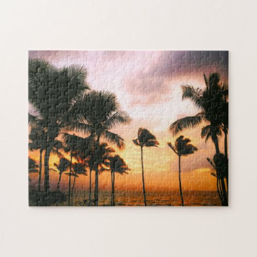 Hawaiian Beach Palm Trees Sunset _ Hawaii Travel Jigsaw Puzzle