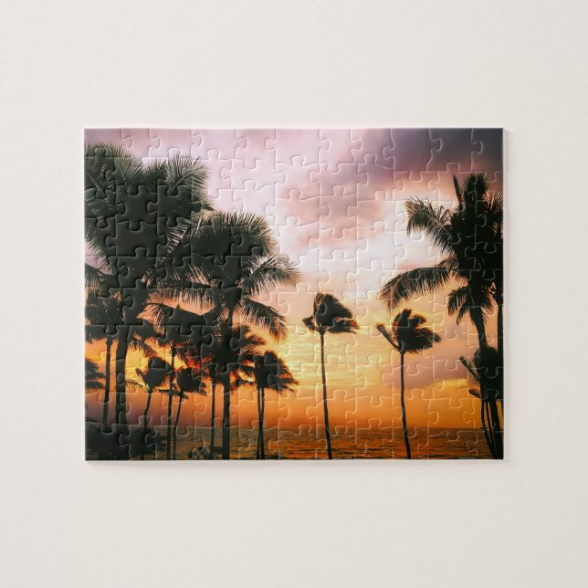 Hawaiian Beach Palm Trees Sunset - Hawaii Travel Jigsaw Puzzle (Horizontal)