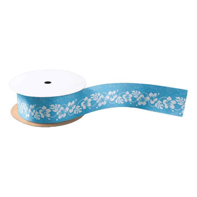 Hawaiian Beach Wedding Blue Hibiscus Patterned Satin Ribbon (Spool)