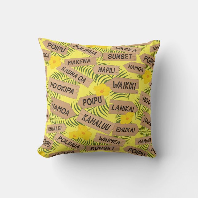 Hawaiian Beaches and Hibiscus Flowers on Yellow Throw Pillow (Front)