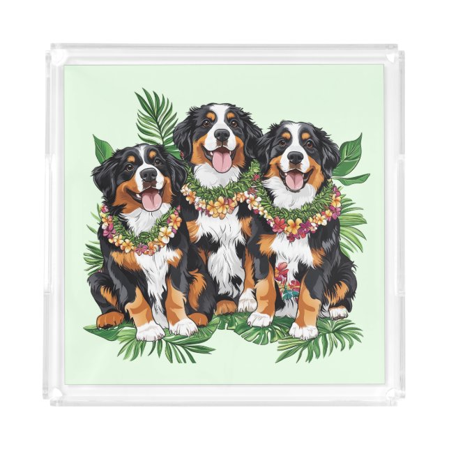 Hawaiian Bernese Mountain Dogs Flower Lei Acrylic Tray (Front)