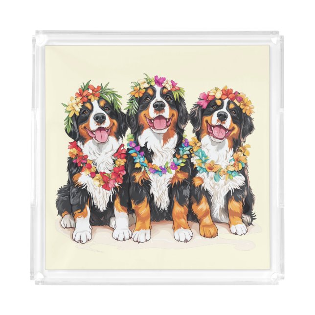 Hawaiian Bernese Mountain Dogs Flower Lei Acrylic Tray (Front)