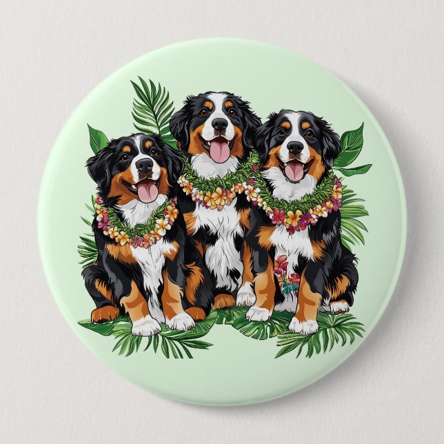 Hawaiian Bernese Mountain Dogs Flower Lei Button (Front)