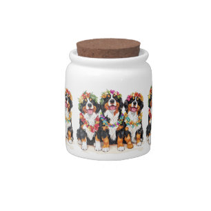 Hawaiian Bernese Mountain Dogs Flower Lei Candy Jar