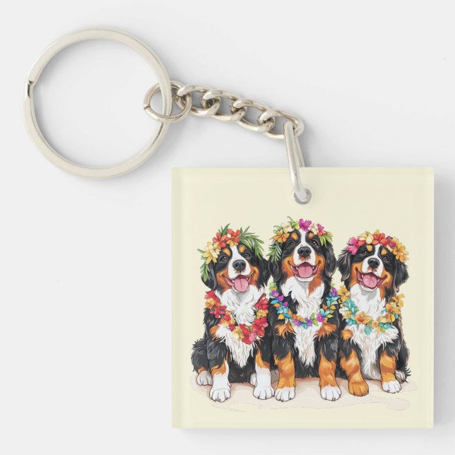 Hawaiian Bernese Mountain Dogs Flower Lei Keychain (Front)