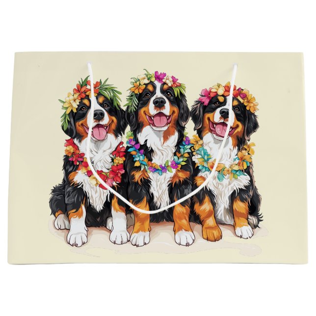 Hawaiian Bernese Mountain Dogs Flower Lei Large Gift Bag (Front)