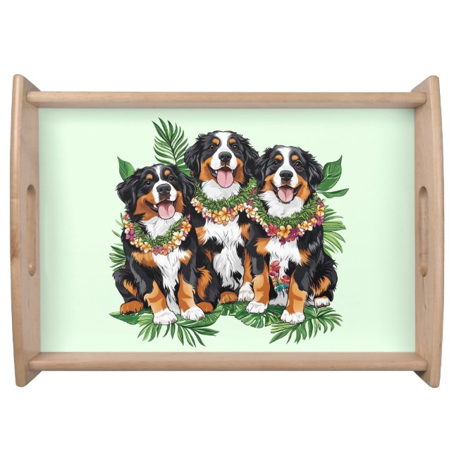 Hawaiian Bernese Mountain Dogs Flower Lei Serving Tray (Front)