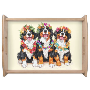 Hawaiian Bernese Mountain Dogs Flower Lei Serving Tray