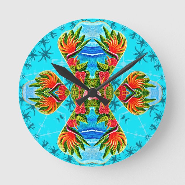 Hawaiian Bird of Paradise Cross (Blue) Round Clock (Front)