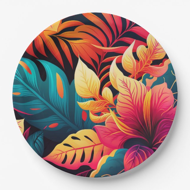 Hawaiian blossom bright floral tropical pattern paper plates (Front)