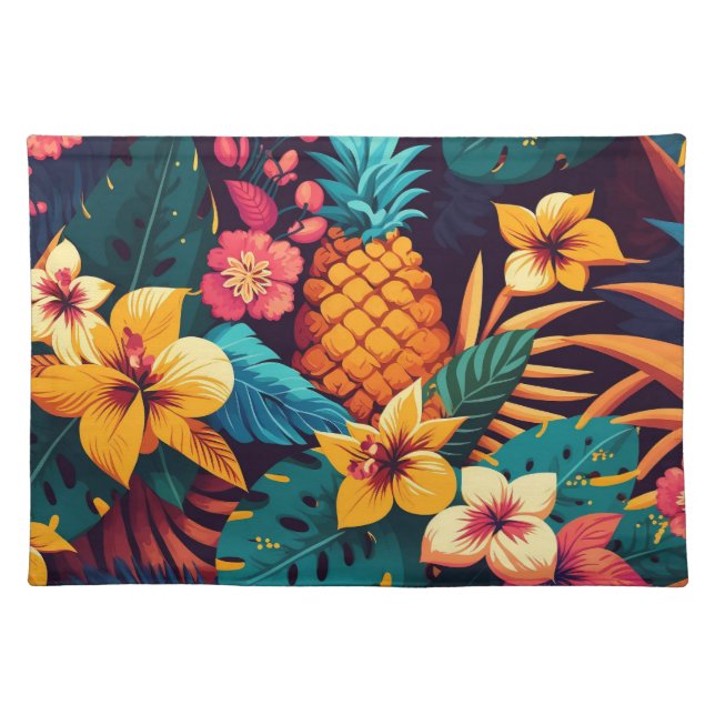 Hawaiian blossom tropical floral pineapple pattern cloth placemat (Front)
